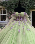 Sage Long Sleeve Ball Gown Dress With Purple Flowers