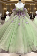 Sage Long Sleeve Ball Gown Dress With Purple Flowers