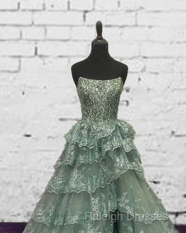 Sage Tiered Lace Strapless Dress Secondary image