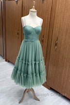 Sage Tiered Tulle Tea Length Corset Dress
