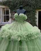 Sage Tulle Ruffless Ball Gown Appliques Dress