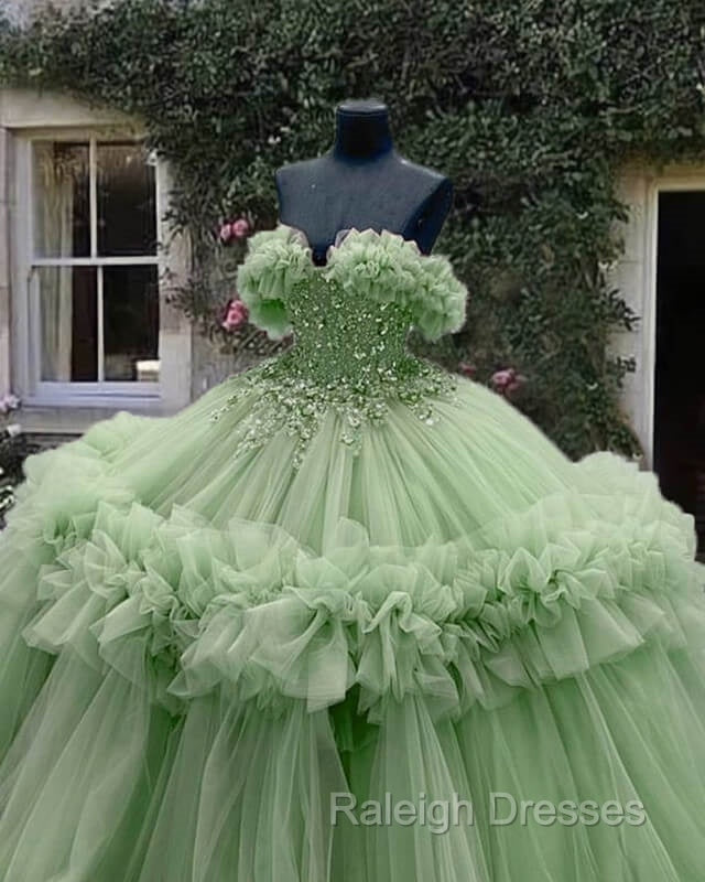Sage Tulle Ruffless Ball Gown Appliques Dress