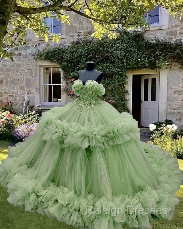 Sage Tulle Ruffless Ball Gown Appliques Dress