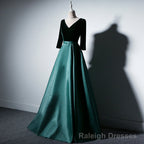 Satin and Velvet Short Sleeves Prom Dress, A Line Green Prom Dress