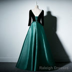 Satin and Velvet Short Sleeves Prom Dress, A Line Green Prom Dress