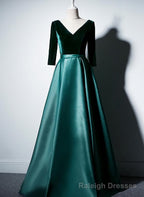 Satin and Velvet Short Sleeves Prom Dress, A Line Green Prom Dress