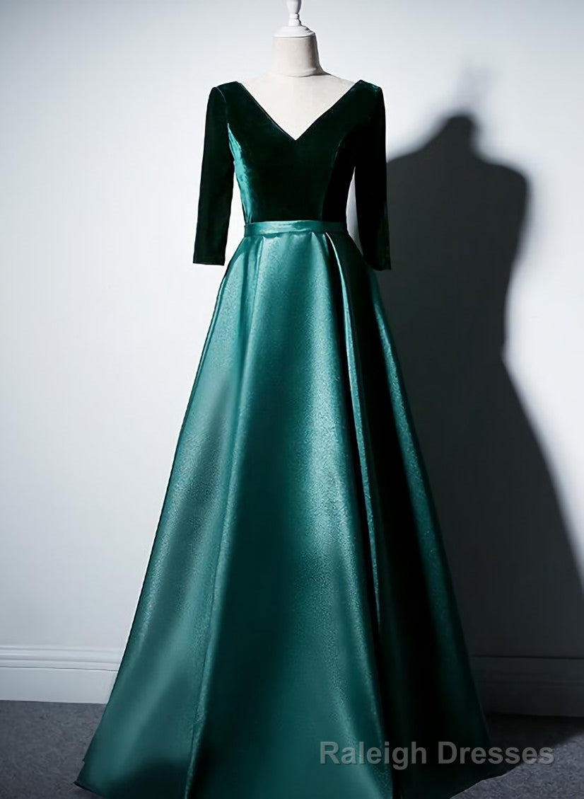 Satin and Velvet Short Sleeves Prom Dress, A Line Green Prom Dress