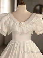 Satin Ball Gown Puffy Sleeves White V-Neck Wedding Dresses