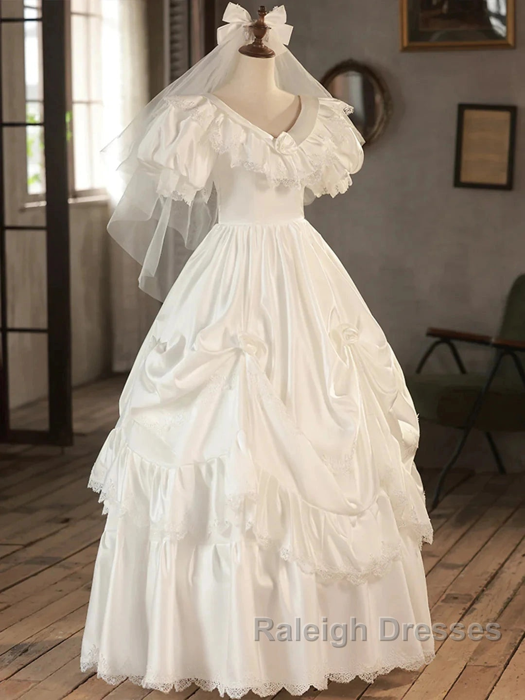 Satin Ball Gown Puffy Sleeves White V-Neck Wedding Dresses