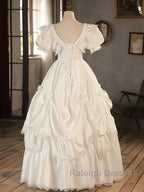 Satin Ball Gown Puffy Sleeves White V-Neck Wedding Dress