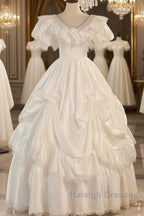Satin Ball Gown Puffy Sleeves White V-Neck Wedding Dress