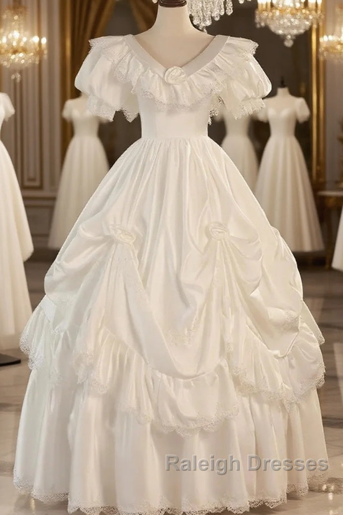 Satin Ball Gown Puffy Sleeves White V-Neck Wedding Dress
