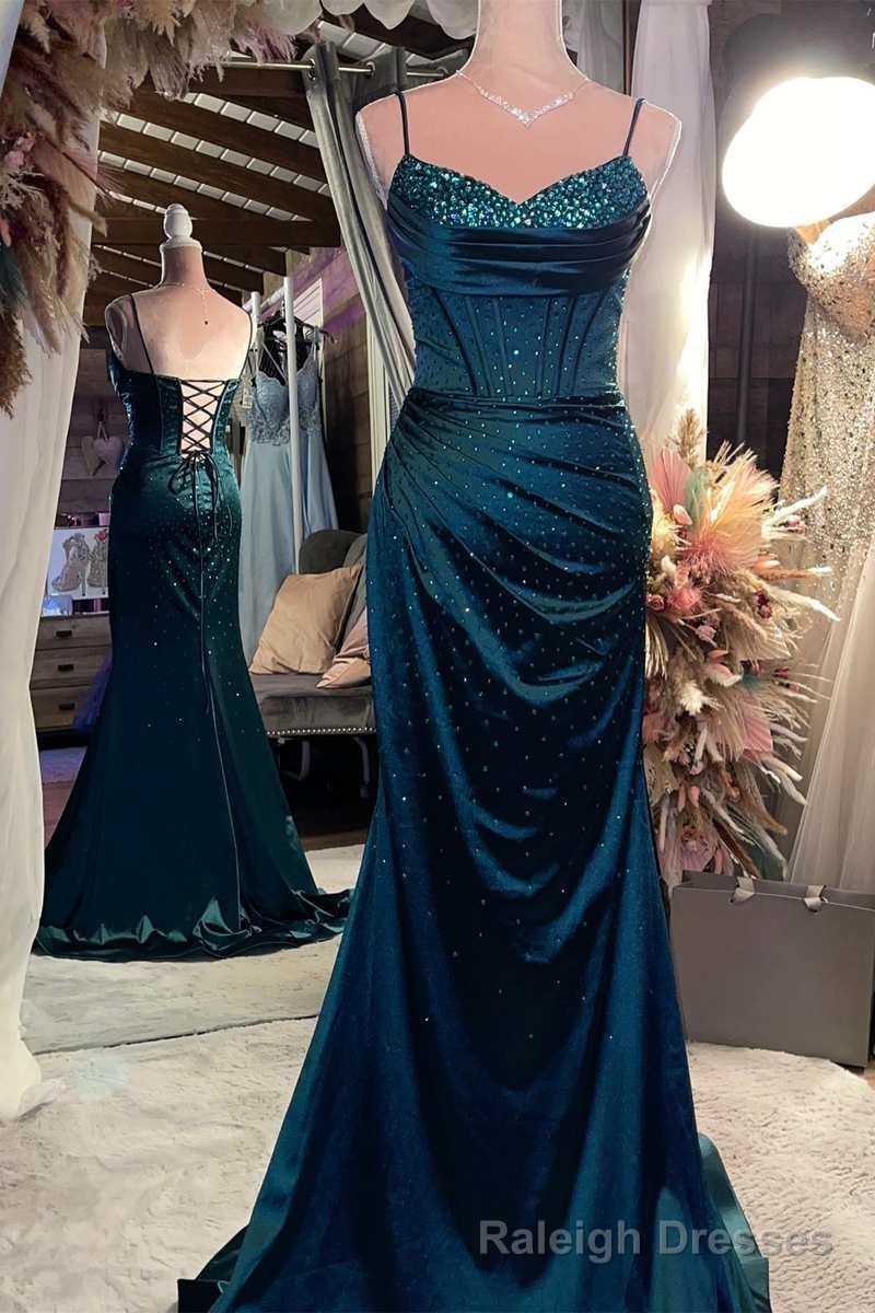 Satin Beaded V Neck Lace-Up Back Mermaid Long Formal Dress Maxi Event Dresses Main image