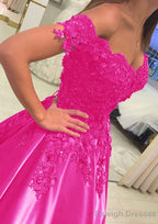 Satin Court Train A-Line/Princess Sleeveless Off-The-Shoulder Prom Dresses With Appliqued