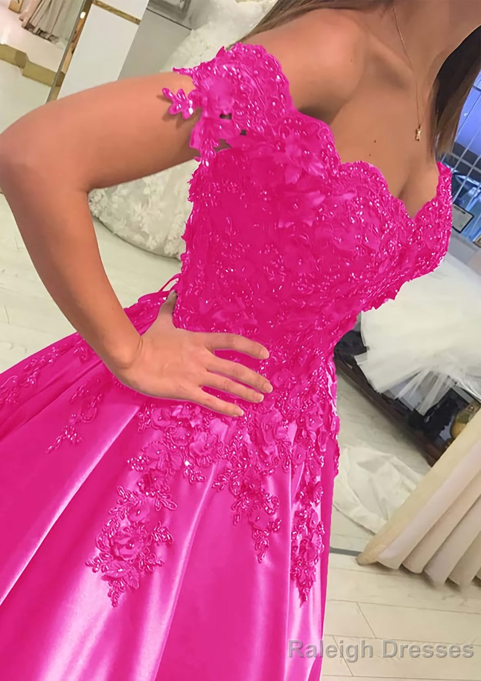 Satin Court Train A-Line/Princess Sleeveless Off-The-Shoulder Prom Dresses With Appliqued