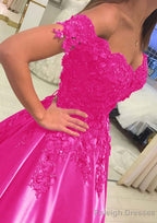 Satin Court Train A Line Sleeveless Off-The-Shoulder Prom Dress With Appliqued