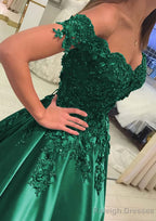 Satin Court Train A Line Sleeveless Off-The-Shoulder Prom Dress With Appliqued