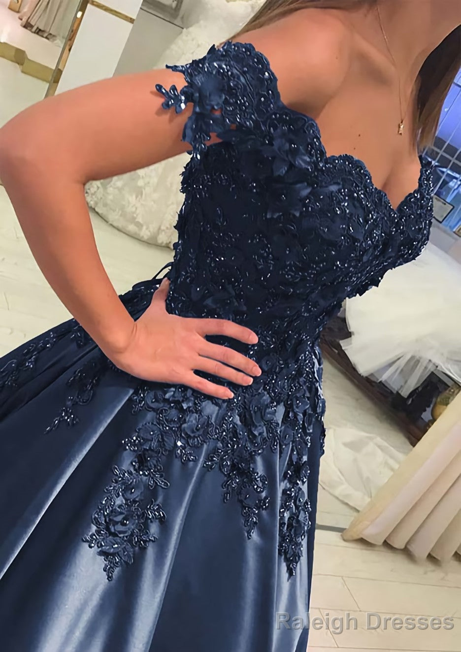 Satin Court Train A Line Sleeveless Off-The-Shoulder Prom Dress With Appliqued Secondary image