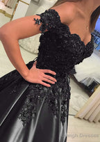 Satin Court Train A Line Sleeveless Off-The-Shoulder Prom Dress With Appliqued