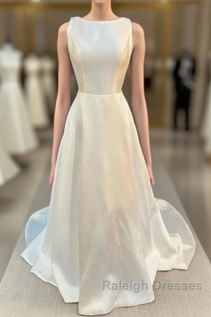 Satin Crew Neck Bow-Back A-Line Wedding Dresses