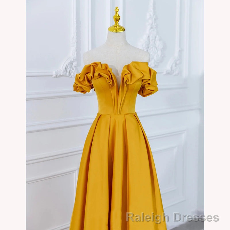 Satin Dark Yellow Off Shoulder Prom Dress, A Line Satin Prom Dress