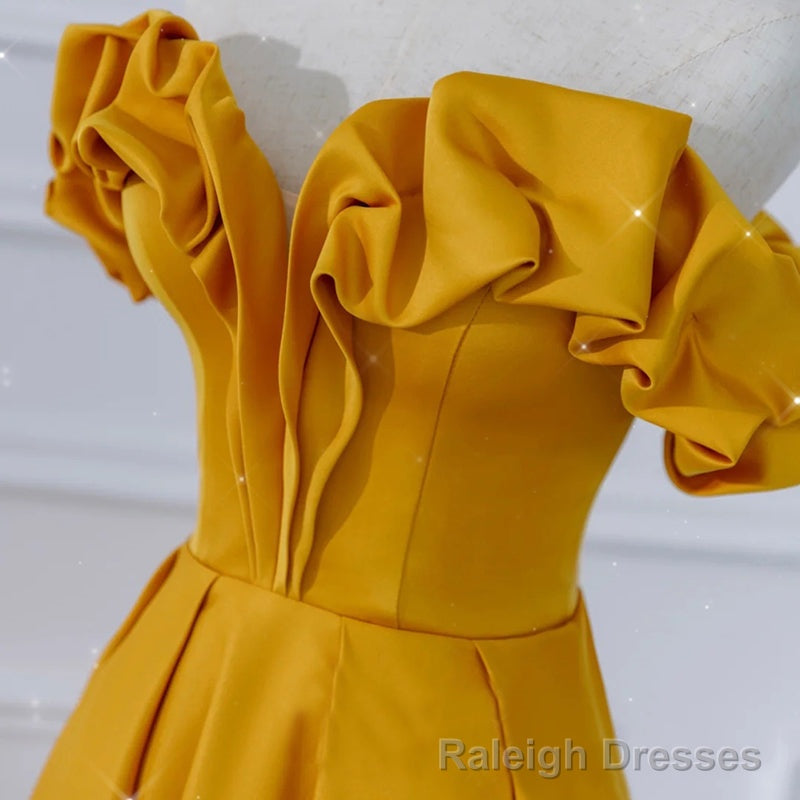 Satin Dark Yellow Off Shoulder Prom Dress, A Line Satin Prom Dress