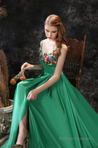 Satin Floral Applique High Split A Line Court Train Prom Dresses