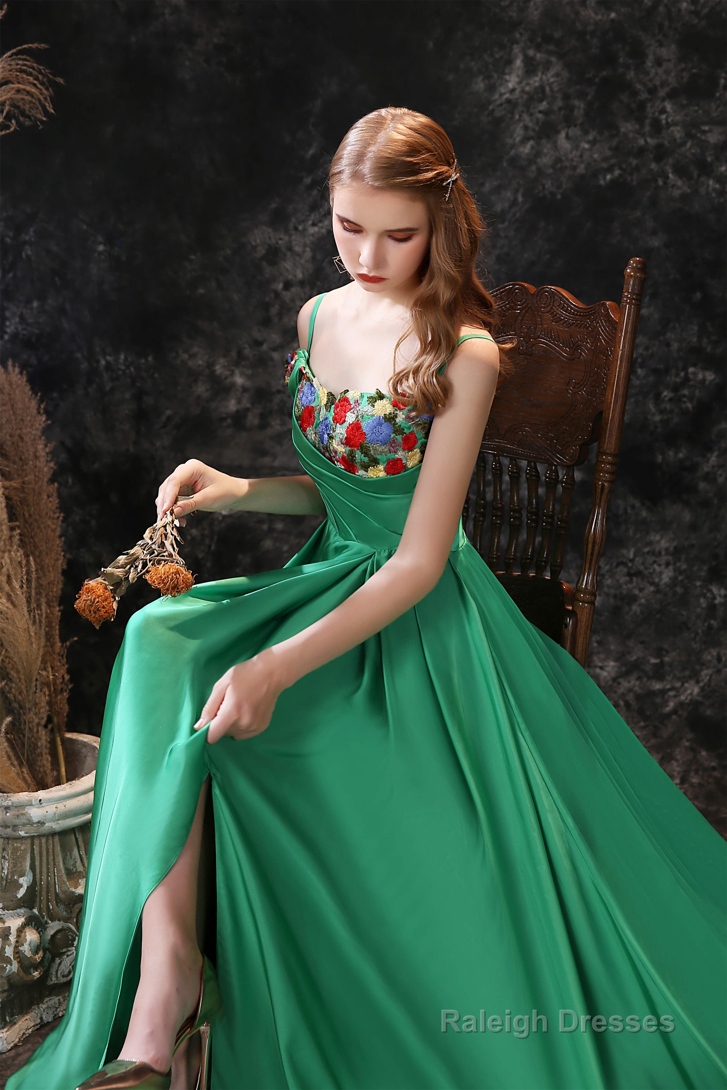Satin Floral Applique High Split A Line Court Train Prom Dresses