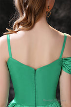 Satin Floral Applique High Split A Line Court Train Prom Dresses