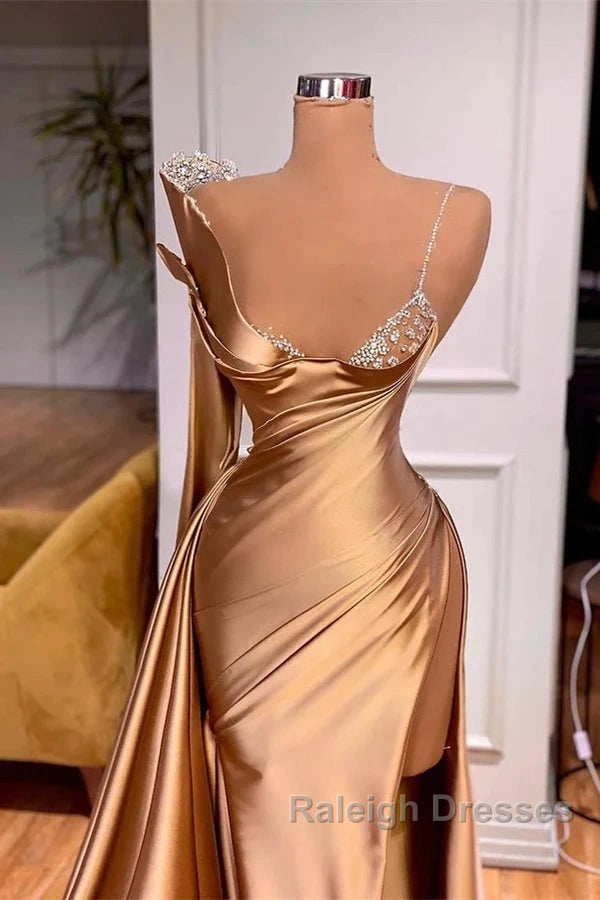 Satin Gold One Shoulder Mermaid Prom Dresses With Slit Secondary image