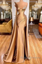 Satin Gold One Shoulder Mermaid Prom Dresses With Slit