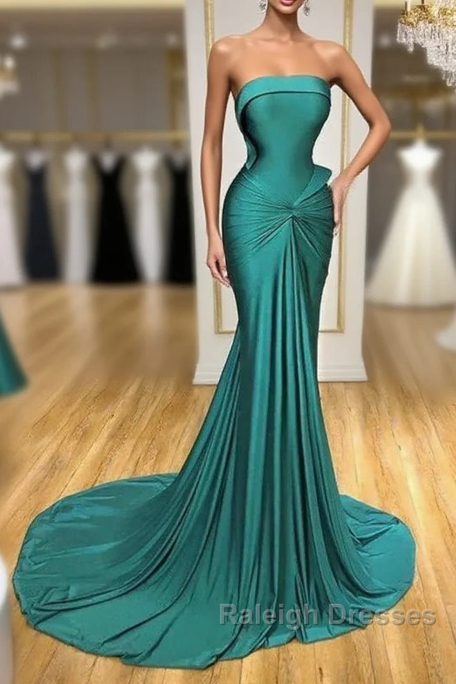 Satin Green Trumpet Mermaid Strapless Ruched Prom Dresses Main image