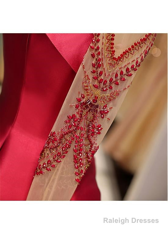 Satin High Collar Long Sleeve Beading Prom Evening Dress Secondary image