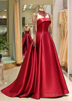 Satin High Collar Long Sleeve Beading Prom Dresses
