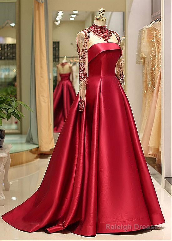 Satin High Collar Long Sleeve Beading Prom Dresses