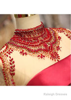 Satin High Collar Long Sleeve Beading Prom Dresses