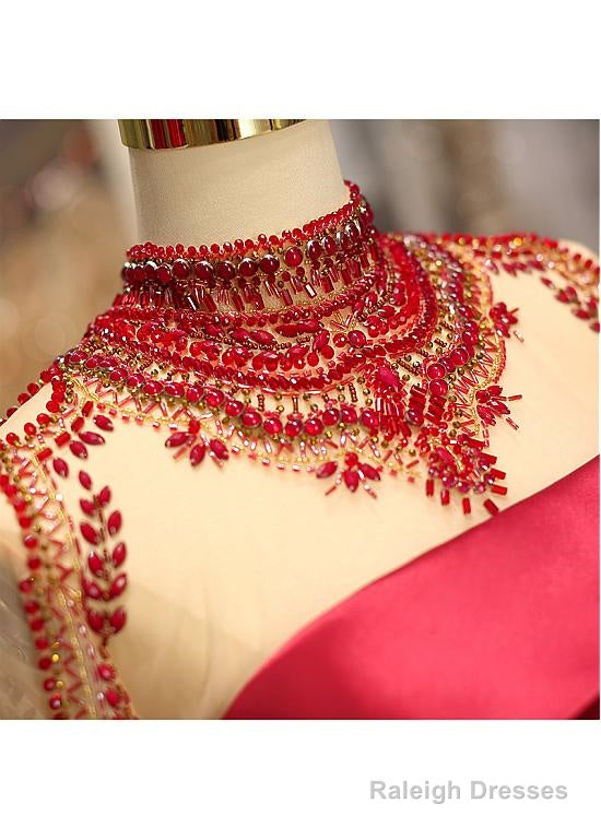 Satin High Collar Long Sleeve Beading Prom Dresses