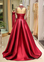 Satin High Collar Long Sleeve Beading Prom Dresses