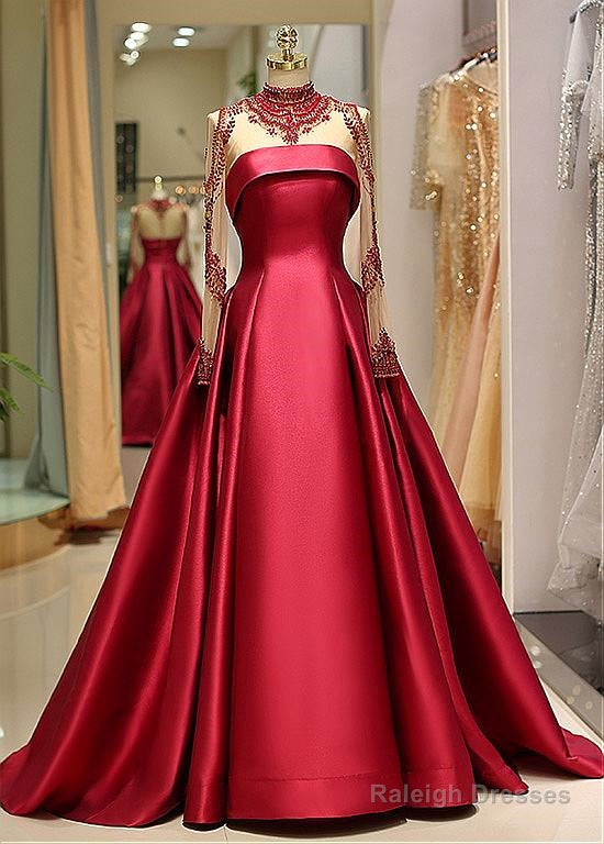 Satin High Collar Long Sleeve Beading Prom Evening Dress Main image