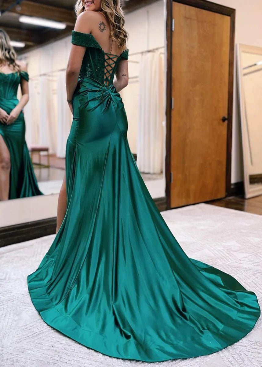 Satin Lace Mermaid Off Shoulder Satin Long Prom Dress with Slit Secondary image