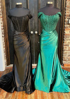 Satin Lace Mermaid Off Shoulder Satin Long Prom Dress with Slit