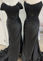 Satin Lace Mermaid Off Shoulder Satin Long Prom Dress with Slit