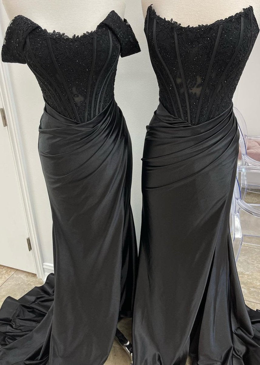 Satin Lace Mermaid Off Shoulder Satin Long Prom Dress with Slit