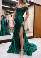 Satin Lace Mermaid Off Shoulder Satin Long Prom Dress with Slit
