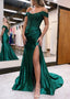 Satin Lace Mermaid Off Shoulder Satin Long Prom Dress with Slit