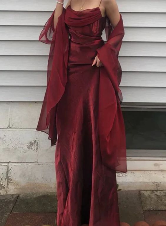 Long Spaghetti Straps Simple Burgundy Formal Prom Dress Birthday Outfits Main image