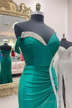 Satin Mermaid Asymmetrical Green Prom Dresses With Slit