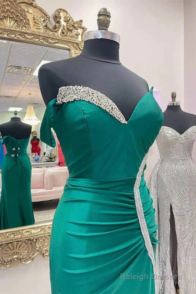 Satin Mermaid Asymmetrical Green Prom Dresses With Slit