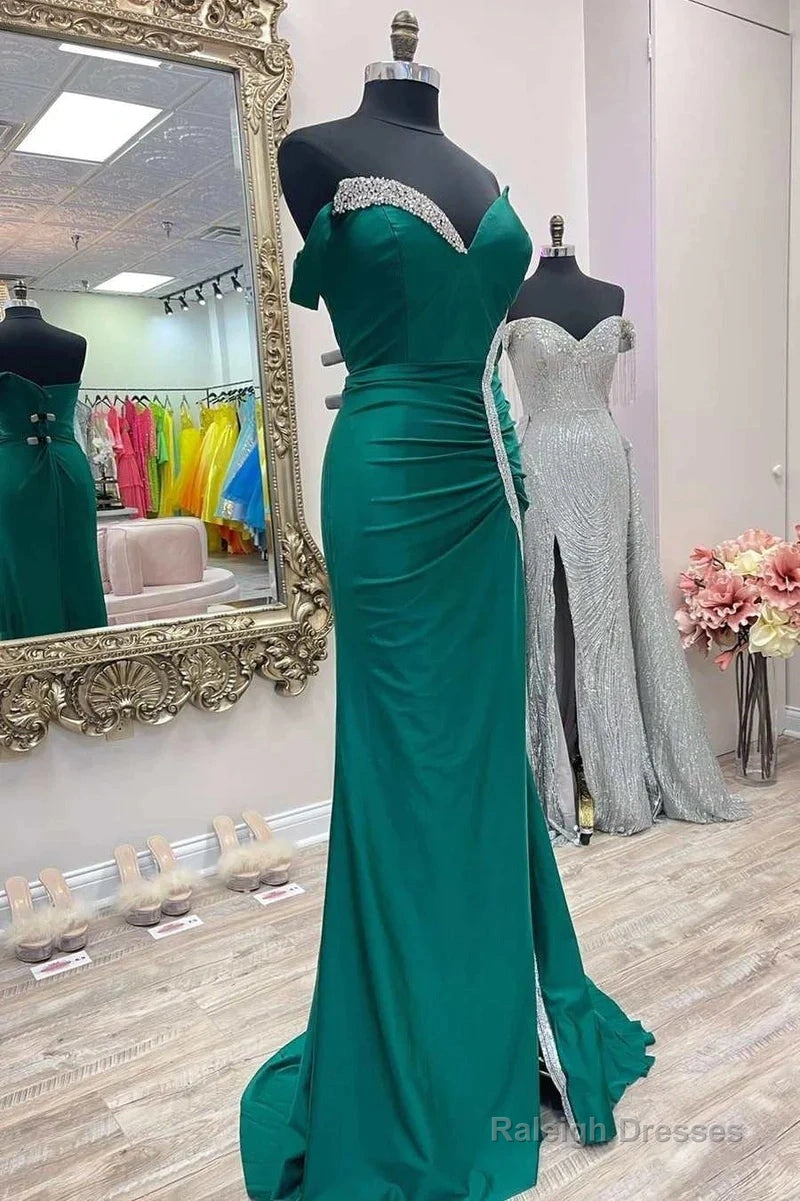 Satin Mermaid Asymmetrical Green Prom Dress With Slit