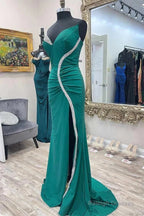 Satin Mermaid Asymmetrical Green Prom Dress With Slit
